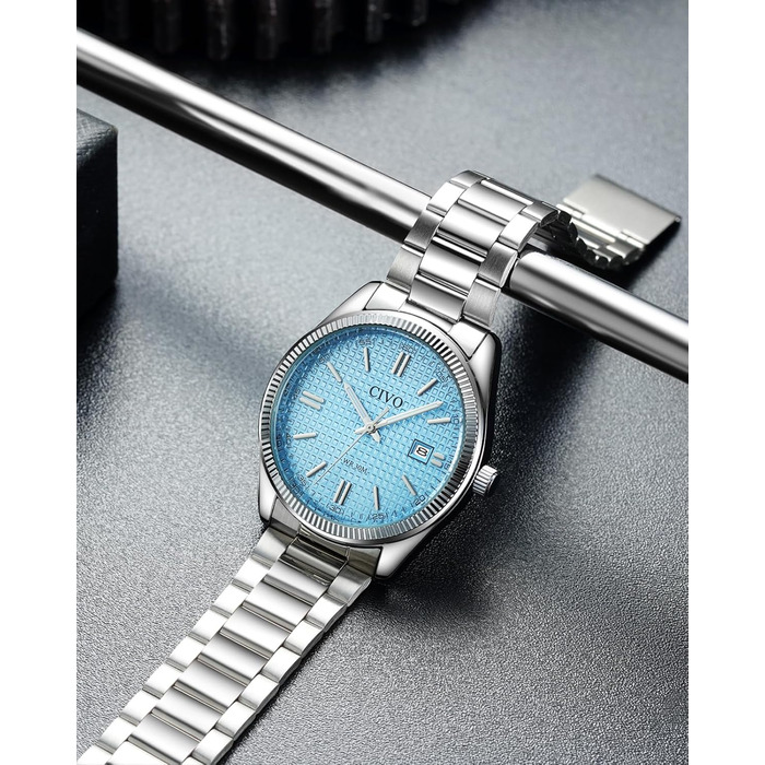 Чоловічий годинник CIVO з нержавіючої сталі: аналоговий годинник для бізнесу з датою, що світиться - водонепроникний для роботи та відпочинку. Стильний подарунок для чоловіків (сріблястий, синій)