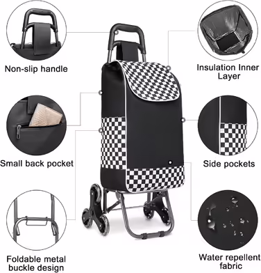 This shopping trolley shopping cart is a stable trolley with a foldable 2-in-1 design and a detachable bag with 3 noiseless wheels (Black - update).