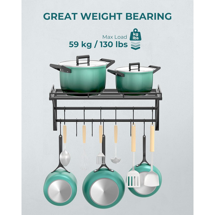 OROPY Pot Rack, 3-Tier Iron Kitchen Shelf, Wall Mount, Pan Holder with 12 Hooks, 60 * 29.5 * 24.5cm, Kitchen Utensil Holder, Kitchen Wall Shelf for Pots and Pans