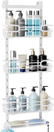 HapiRm Shower Shelf - Hanging Shower Rack Adjustable with 4 Shower Baskets, Shower Shelf No Drilling with Soap Dish and Hooks, Shower Shelf Over the Door Glass Wall & Bathroom Door (White)