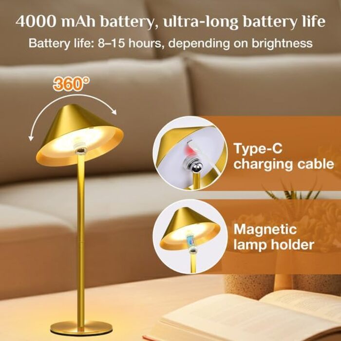 Світлодіодний настільний світильник Rosnek бездротовий, акумуляторний 4000 mAh, диммується, з магнітним кріпленням 360°, 3 режими освітлення, для дому та вулиці (Золотий, 2 шт)