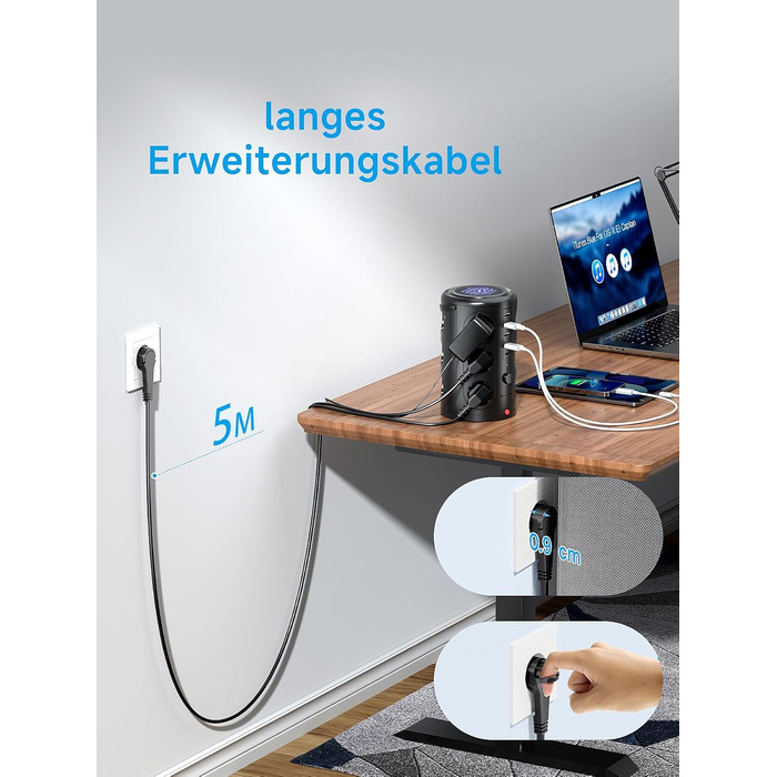 Багаторозкладна мережева панель з 5 USB, 12 розеток, захистом від перенапруги, 5 м, чорна