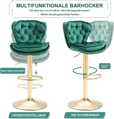 Emerald Velvet Bar Stools - Set of 2 | Adjustable Swivel Barstools for Kitchen & Home Bar