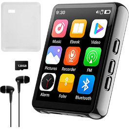 MP3-плеєр 128GB з Bluetooth, портативний музичний плеєр з динаміком, 2.4' Full Touch Screen, HiFi звук, FM радіо, записувач, кабельні навушники в комплекті, для бігу, фітнесу T5-MP3