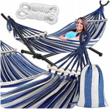 Гамак KRUMAD 260 см, до 250 кг, вуличний, бавовна-поліестер, з дерев'яними розпірками та сумкою (синьо-білий, з каркасом)