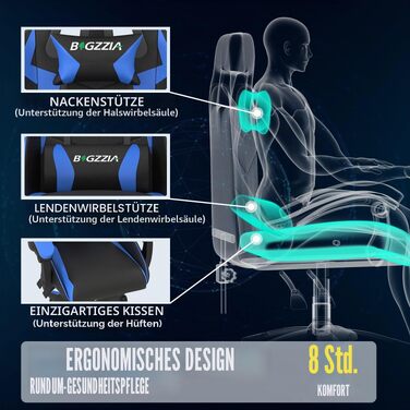Ігрове крісло Bigzzia Gaming Stuhl з підігрівом, регульована спинка 90-135°, ергономічний геймерський стілець (Синій)
