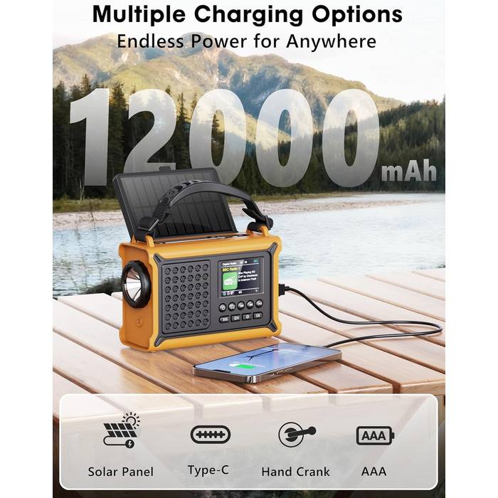 ROCAM Радіоприймач на ручку DAB+/UKW, портативне аварійне радіо з сонячною панеллю 8500 мм² та ручкою 650mA, цифрове радіо з Bluetooth, 2.4' кольоровий дисплей, 80 станцій, SOS, LED ліхтарик, USB, IPX6 для кемпінгу (Жовтий)
