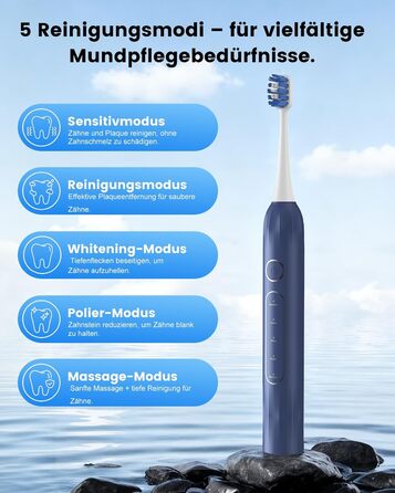Електрична зубна щітка зі звуковою технологією, 5 режимів, таймер 30s, відбілює зуби за 2 тижні, 8 змінних насадок, IPX7, блакитна