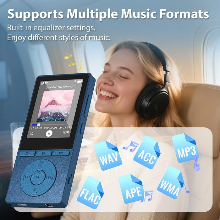MP3 плеєр 64GB Bluetooth 5.3 з динаміком, HiFi звук, запис голосу, E-book, підтримка TF карти 128GB (Синій)
