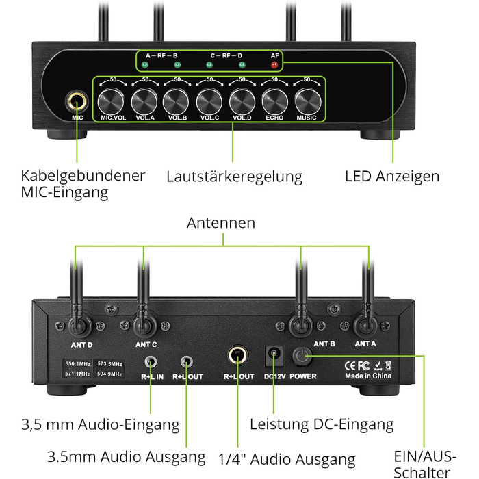 LiNKFOR UHF мікрофонний комплект з 4-ма ручними мікрофонами, 50 каналів, Bluetooth, AUX - для DJ, співу, церкви, весіль