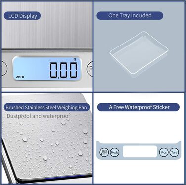 Кухонні ваги 3000г з LCD-дисплеєм та функцією тарування, для їжі та ювелірних виробів, з нержавіючої сталі
