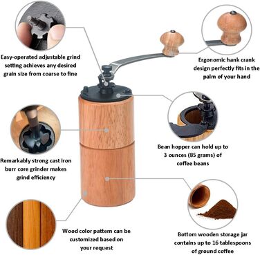Ручна кавомолка Akirakoki з дерева та чавуну, велика ємність, регульована ступінь помолу, для подорожей та кемпінгу (коричневе дерево)