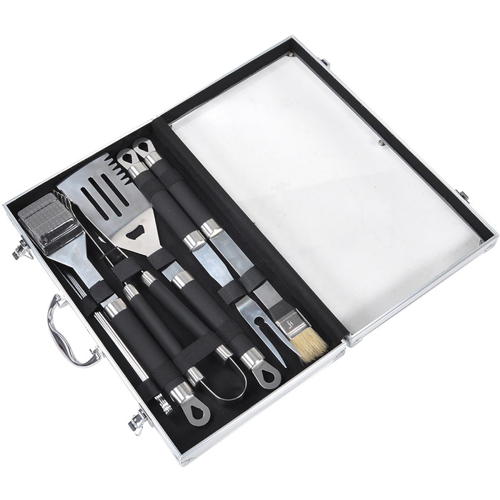 Набір гриль-посуду з нержавіючої сталі 11 предметів: гриль-кофр, аксесуари для барбекю, подарунок для гриля та приготування їжі (щітка, вилка, щипці, шампури, пензлик, лопатка)