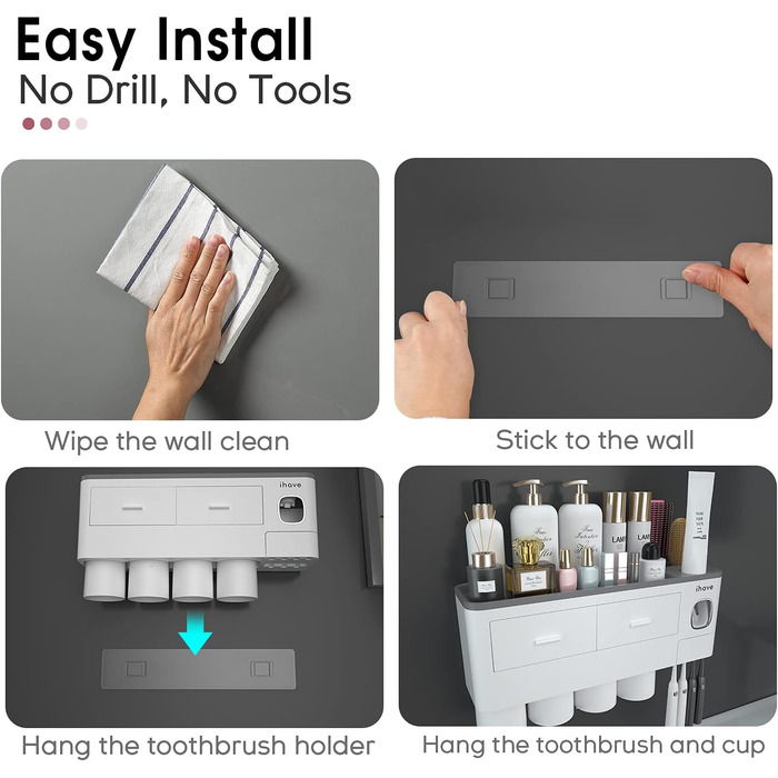 iHave Toothbrush Holder Wall Mounted, 4 Cup Toothbrush Holder with Toothpaste Dispenser - Tray with Large Capacity, 2 Cosmetic Drawers - Bathroom Organizer Storage, White