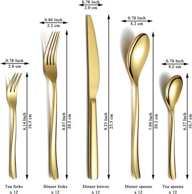 Gold Cutlery Set - 60-Piece Service for 12 People, Gold-Colored Titanium Stainless Steel Cutlery Set, Gold Spoons, Forks, and Knives Set for Home, Wedding, Restaurant, Hotel, Dishwasher-Safe
