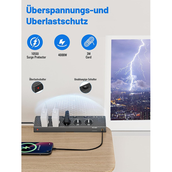 Мережевий адаптер PASSUS з 5 розетками, 2 USB-C (PD 30W), захист від перенапруги, індивідуальне вмикання, 10-в-1, з кабелем 2м, для офісу, чорний