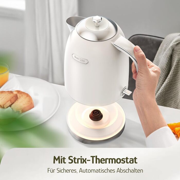 Електричний чайник Hazel Quinn Schneller 2200 Вт, 1.7л, нержавіюча сталь 304, перловий білий, з функцією швидкого кип'ятіння, автоматичним вимкненням та захистом від сухого кип'ятіння, вінтажний дизайн, BPA-free