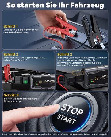 Powerbank для запуску двигуна AIMAPOW Starthilfe 6000A 12V - для бензинових авто, дизельних (10.0L) з LED-ліхтариком та великим екраном, бустер для акумулятора SUV, мотоцикла, газонокосарки