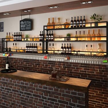 Металева полиця для вина на стіну з підсвічуванням, 80 см, чорний колір. Вузька шафа для вина, підставка для келихів, міні-бар для дому, кухні, вітальні. 3 яруси.