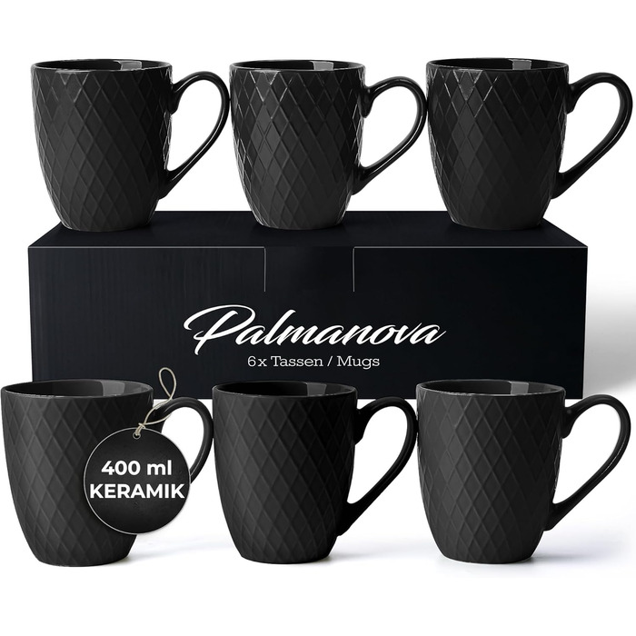 MIAMI – 6 x 400 ml – Coffee Cup Set/Mugs – Modern Matte Ceramic Cup – Large Coffee Cup – Palmanova Collection (Black)