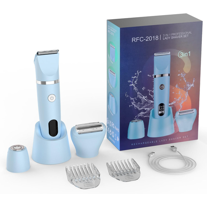 Електричний жіночий триммер 3-в-1 для обличчя, тіла та зони бікіні. Вологостійкий, з LCD-дисплеєм (Блакитний)
