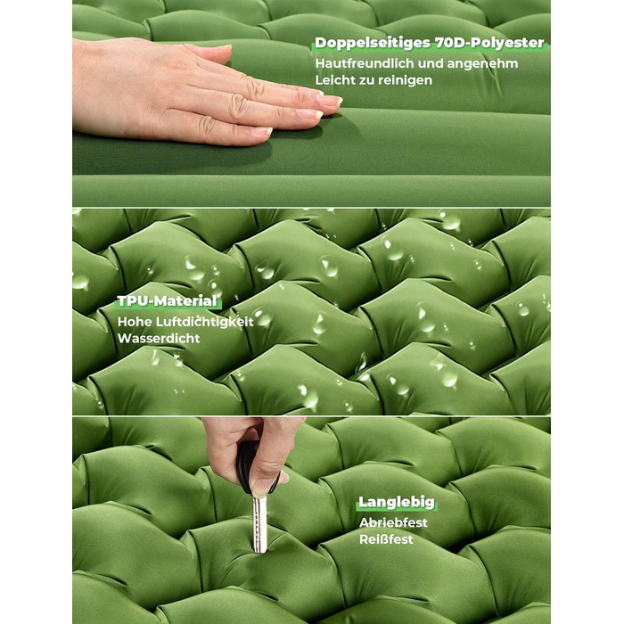 Glymnis Isomatte Camping Air Mattress - 9cm Thick with Foot Pump & Pillow - Ultralight Outdoor Sleeping Pad for Camping, Hiking & Travel - Army Green