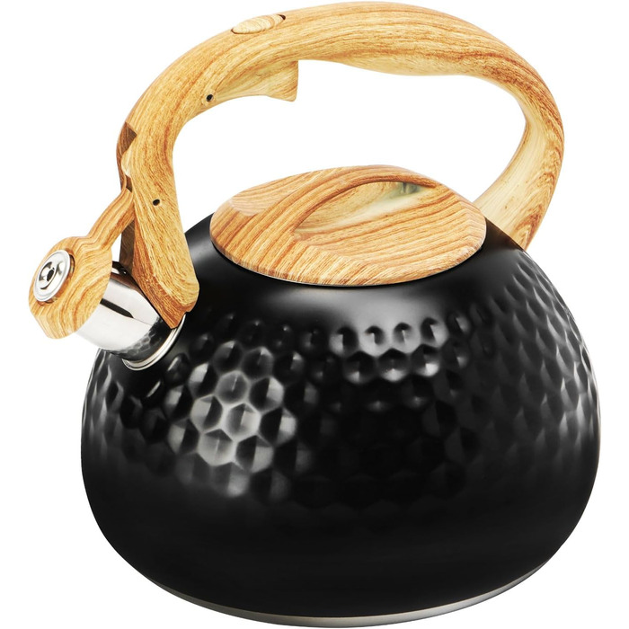 Чайник-свисток Foedo з нержавіючої сталі з дерев'яною текстурою, 3.2 л, для чаю, кави та молока, класичний дизайн, червоний (Чорний-6)