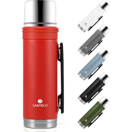 SANTECO 1L Stainless Steel Thermos Flask with Cup - Insulated Leakproof Travel Thermos for Hot & Cold Coffee & Tea - BPA Free