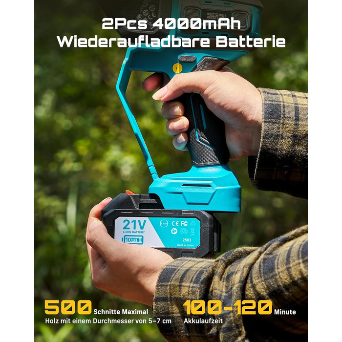 SEESII Безщіткова міні-пилка 6 дюймів, ручна акумуляторна пилка з 2 * 4000 mAh акумуляторами, одноручна акумуляторна пилка з автоматичним змащенням, сумісна з акумулятором Makita 18V, електрична пилка для дерева, гілок 6 дюймів безщіткова (6+8 дюймів безщ