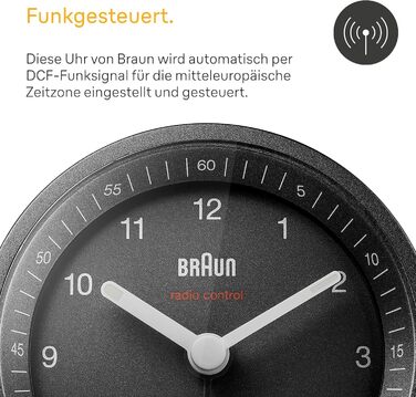 Classic analog radio alarm clock by Braun for the Central European Time Zone (CET/GMT+1) with snooze function and light, quiet movement, crescendo alarm in black, model BC07B-DCF