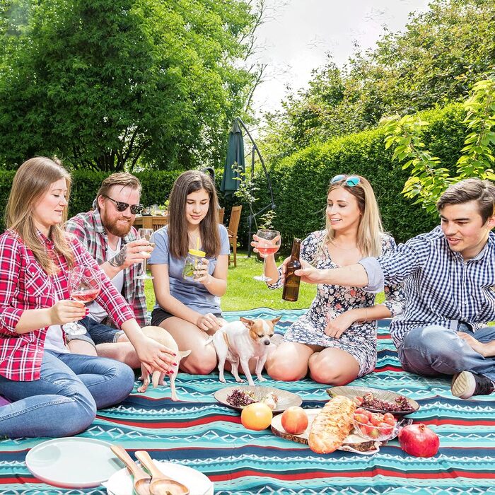LIFERUN Outdoor Picnic Blanket, 300x300cm, with waterproof backing, Waterproof Picnic Blanket with Carrying Handle, for Camping, Picnic, Hiking, BBQ, Travel Camping Blanket, Green Striped