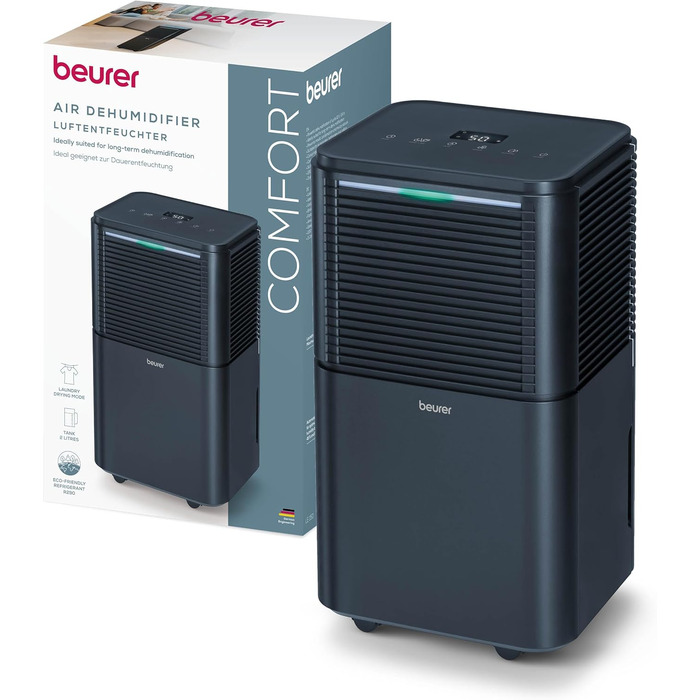 Електричний осушувач повітря Beurer LE 150: 12л/24г, осушувач для кімнати з функцією сушіння білизни, тихий нічний режим, захист від плісняви та запахів, бак 2л, до 30м2