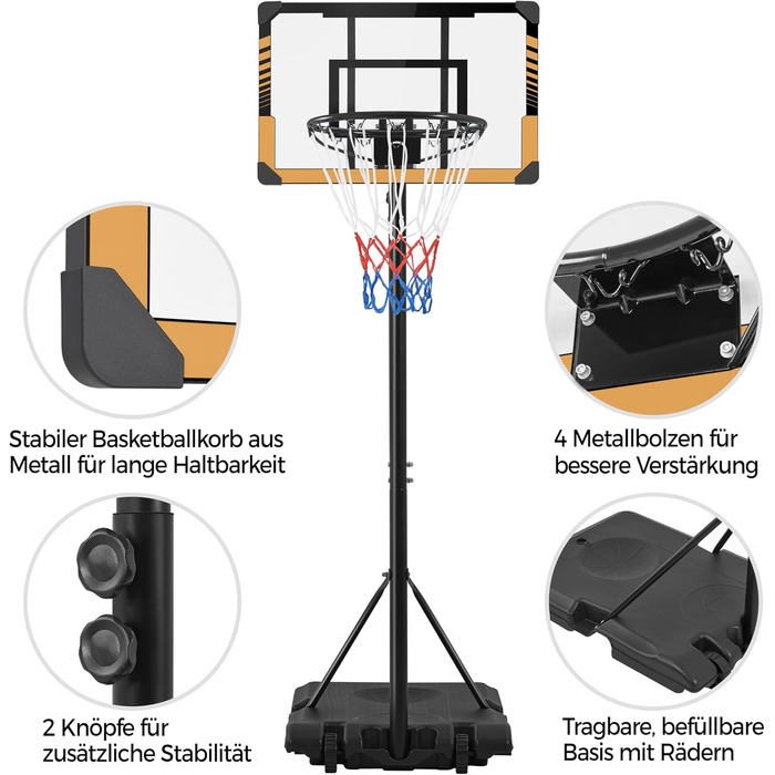 Yaheetech Adjustable Height Basketball Stand with Wheels - Mobile Basketball Hoop, Water or Sand Fillable, Indoor/Outdoor Basketball System - 226.5cm - 256.5cm