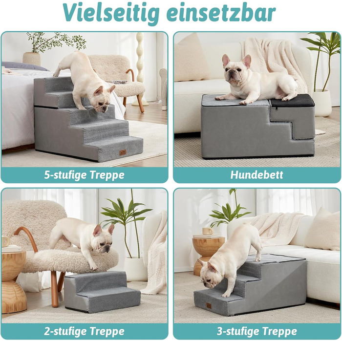 Сходи для собак, 5 сходинок, з щільного пінополіуретану, для ліжка, дивану, софи, 60 см, знімна, для котів та літніх/травмованих собак (сірий, 50x75x60, 5)