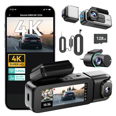 Відеореєстратор автомобіля BOTSLAB 4K 3-канальний з паркуванням, GPS, WiFi та SD-картою 128GB