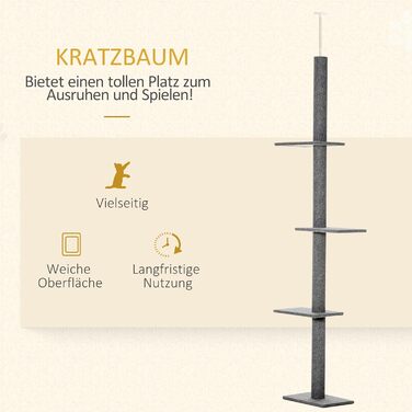 PawHut Cat Tree, Ceiling-High, 228-260 cm Adjustable Height Cat Tree, Climbing Tree for Cats with 3 Levels, Cat Scratching Post, Floor-to-Ceiling Play Tree Grey