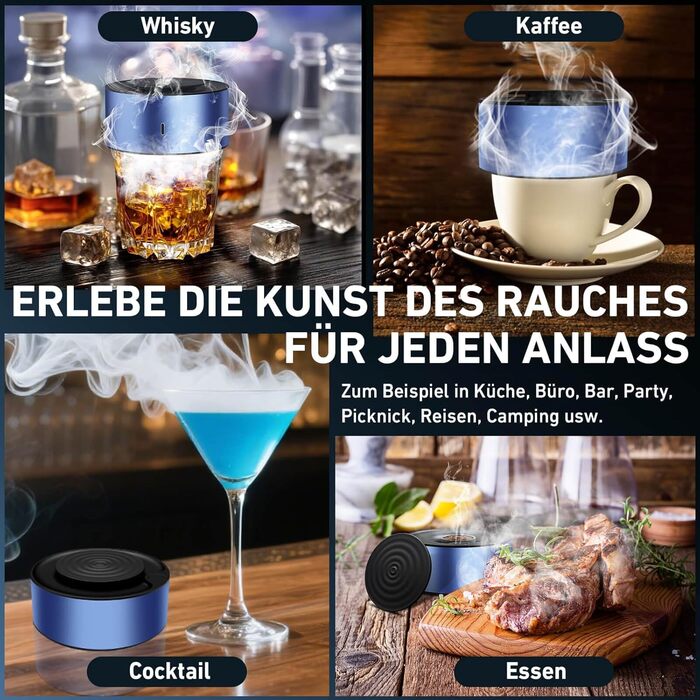 Електричний набір для копчення віскі з 6 дерев'яними чіпсами, перезаряджуваний набір для копчення з вбудованим запальником, без бутану, ідея подарунка для чоловіків, батька, чоловіка або друга, з LED-підсвічуванням, блакитний, EU
