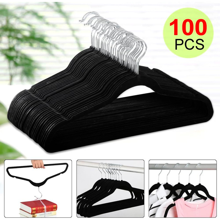 Yaheetech 100-Piece Velvet Clothes Hangers Non-Slip Suit Hangers with Non-Slip Surface Wardrobe Hangers Black