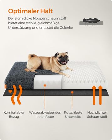 Feandrea Dog Bed, Orthopedic Dog Cushion, Padded with Bubble Foam, Removable and Washable Cover, Size M, for Small and Medium Dogs, 80 x 50 x 8 cm, Dark Grey PGW211G02