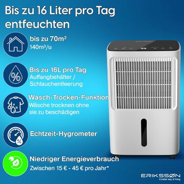 Зволожувач повітря Erikssøn з LED-дисплеєм, таймером та захистом для дітей | Видаляє 16л вологи на добу | Для приміщень до 140м³ (70м²) | Енергоефективний зволожувач повітря з датчиком вологості, білий