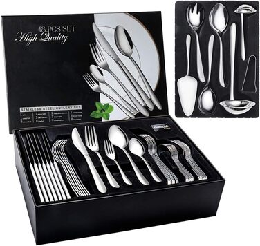 48-Piece Cutlery Set, 8 People, Stainless Steel Cutlery Set with Serving Cutlery, Dining Cutlery with Forks, Knives, Spoons, Serving Set, Polished, Dishwasher Safe