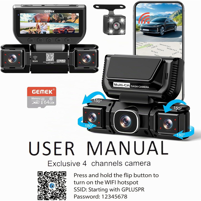 Автомобільний відеореєстратор GEMEK 4K/2K 360° огляду, 4-канальна Dashcam (передня, задня, ліва та права камери), 5G Wi-Fi, керування через додаток, G-сенсор, нічна зйомка, 3.16