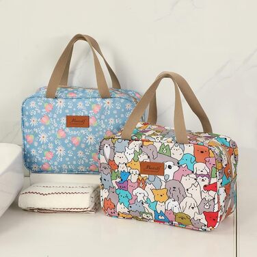 Велика косметичка для подорожей, жіноча косметичка-органайзер, косметичка для макіяжу з ручкою, #9 Листя (світло-блакитні квіти)