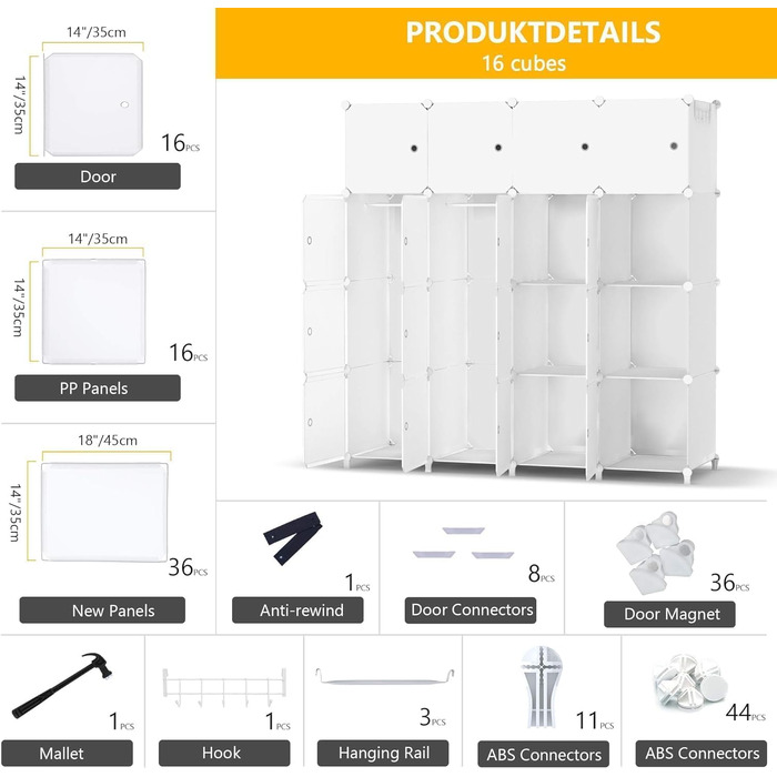 HOMIDEC Wardrobe, Portable Shelving System, 20 Cube Closet Made of Plastic with 2 Clothes Rails, Bedroom Wardrobe Closet White for Bedroom, 180 x 142 x 45cm (16 cube, All White)