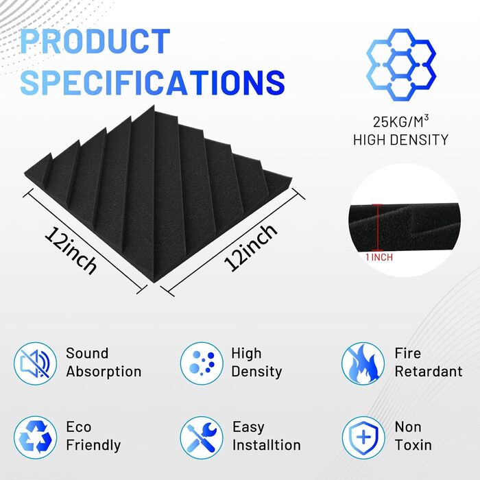 Акустичні пірамідні панелі Focusound для шумоізоляції стін, звукопоглинаючий спінений поролон високої щільності, 30.5 x 30.5 x 2.5 см, сірі, 48 шт.