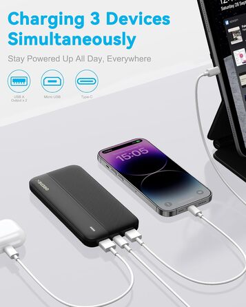 Power Bank GREPRO 10000mAh: компактний зарядний пристрій з USB-C та 2 USB виходами, чорний