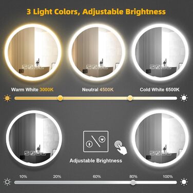 Дзеркало для ванної кімнати Viugreum з підсвічуванням 50x75 см, овальне LED дзеркало, регульована яскравість, 3 кольори світла, проти запотівання, годинник, сенсорне управління, LED дзеркало для ванної кімнати, вітальні