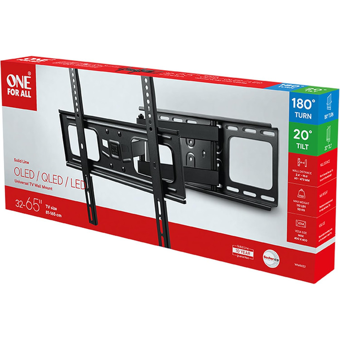 Кріплення для телевізора One for All WM4452 - поворотне 180°, нахильне, висувне, для телевізорів 13-65 дюймів (4K OLED QLED LED, LCD) - до 50 кг, чорний