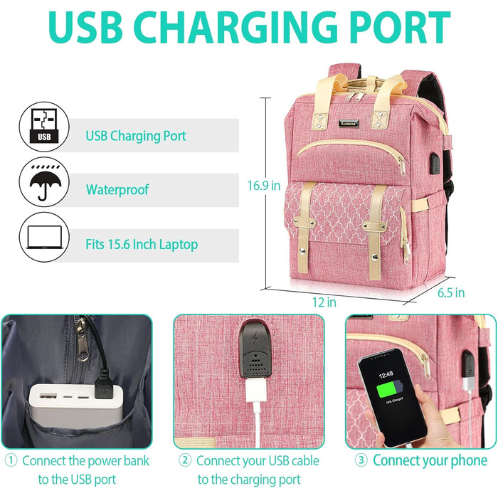 Жіночий рюкзак Kuosdaz: для підлітка, з USB-портом та відділенням для ноутбука (15,6 дюймів), антикрадійний, рожевий
