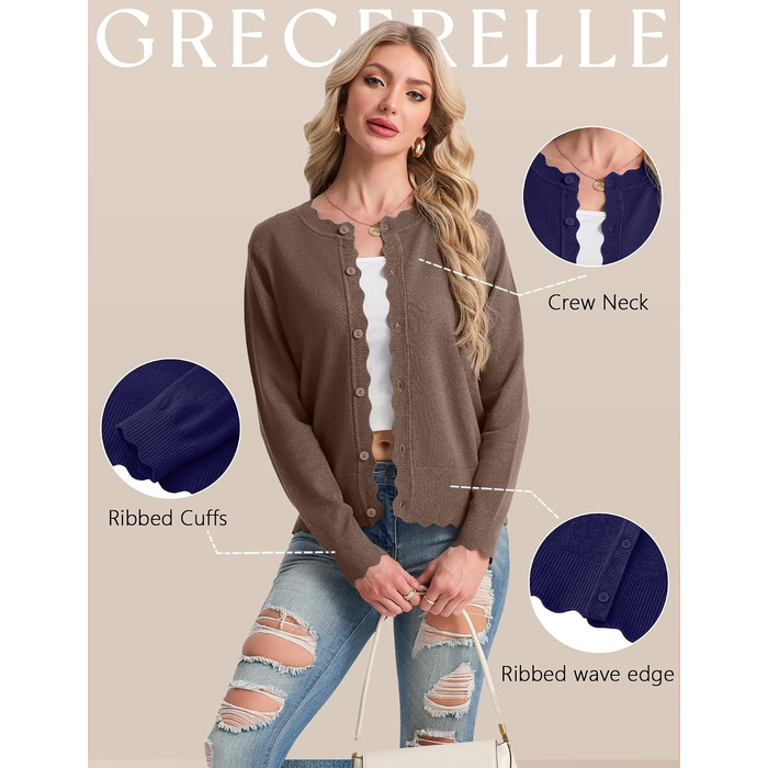 Кардиган жіночий GRECERELLE короткий в'язаний з ґудзиками, кашеміровий, коричневий (M)